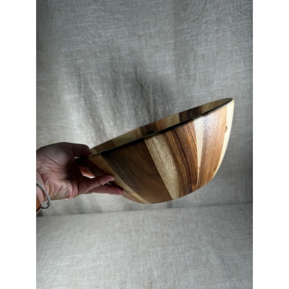 Wooden Serving Bowl Good Vintage Striped Inlay Round Large Fruit Salad Decor